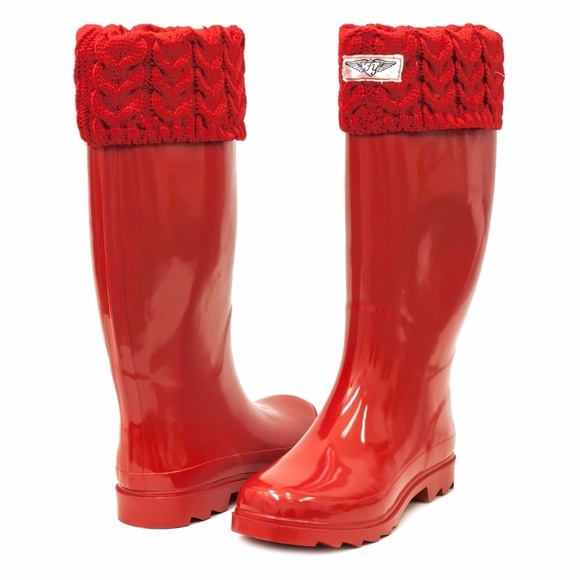 Women's Rainboots, Rubber Tall Rain Boots w Knitted Cuff, #3104, Red - Picture 1 of 3